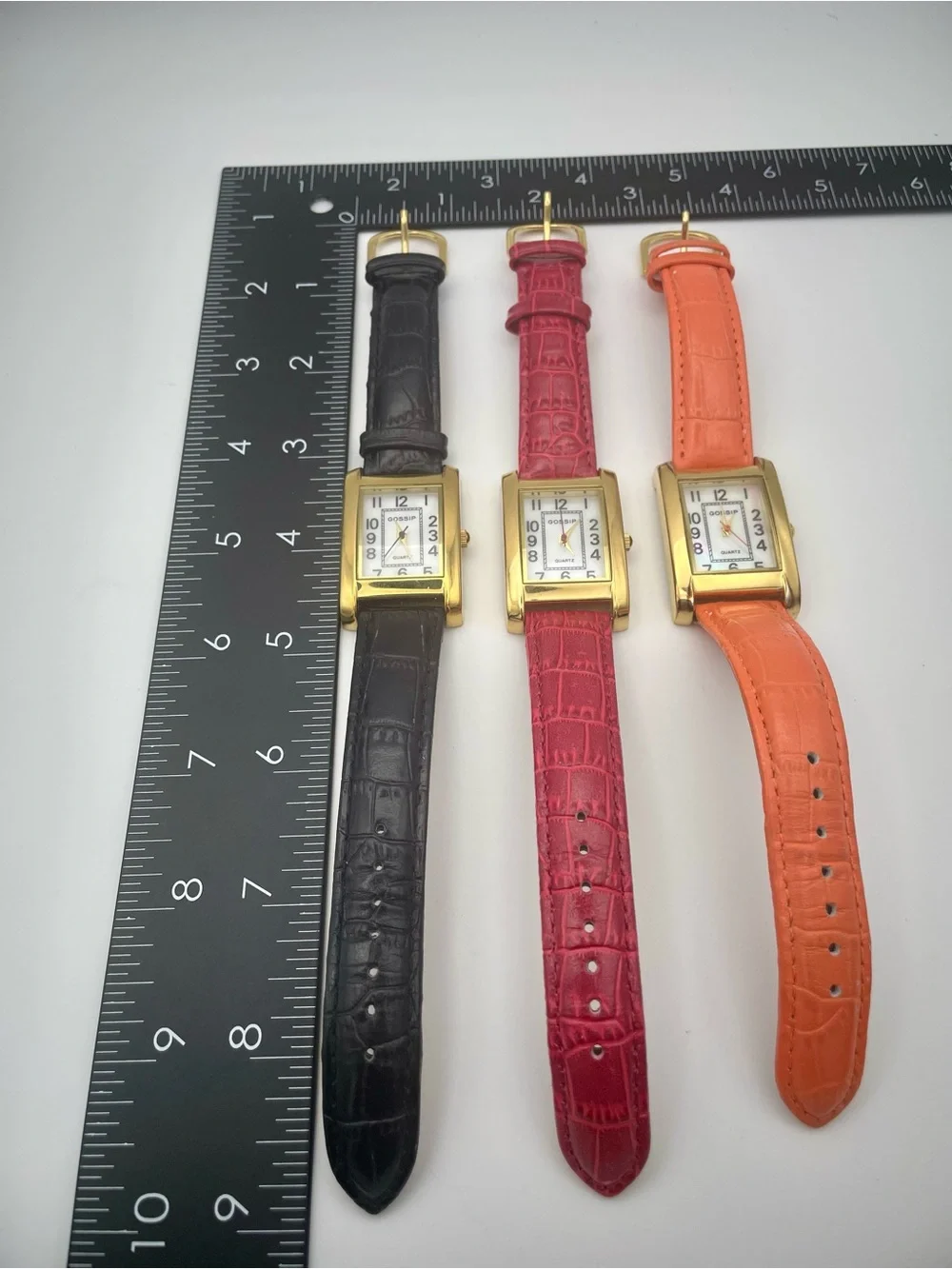 3 Gossip Gold-Tone Rectangular Watches with Black, Orange and Red Leather Straps